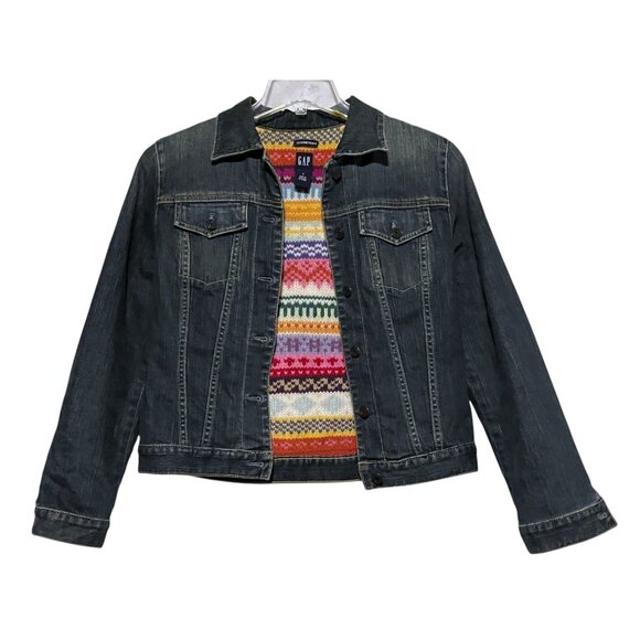 Y2K Gap Cropped Denim Jacket S Coat Trucker Fair Isle Lambswool Knit Lining - Picture 1 of 9